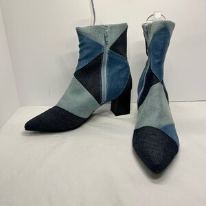 Chic Patchwork Heeled Boots in Denim Blue